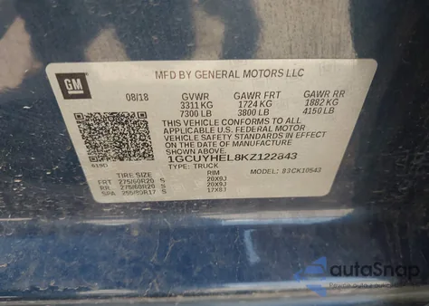 2019 Chevrolet Silverado 1500 High Country из США, поврежденный, VIN 1GCUYHEL8KZ122843